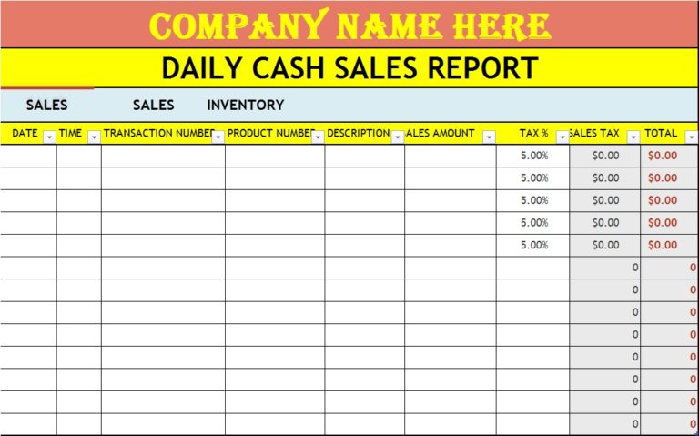 Daily Cash Sheet Report Template - Free Report Templates