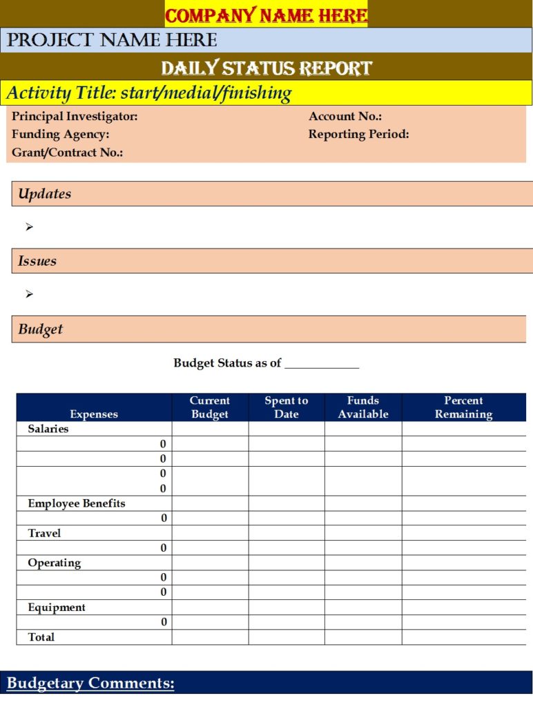 Daily Status Report Business Archives Free Report Templates