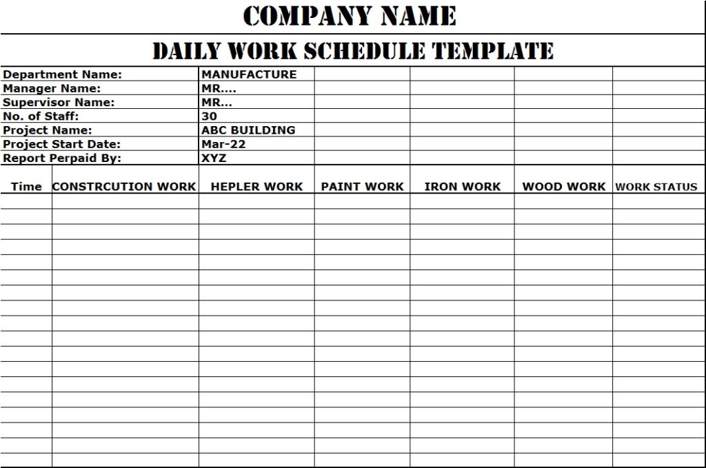 Daily Work Schedule Templates Free Report Templates