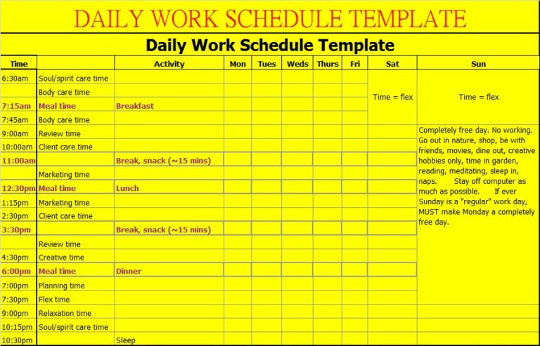 Daily Work Schedule Templates - Free Report Templates