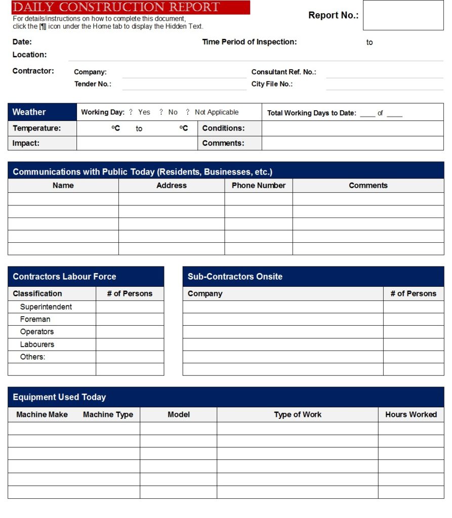 Daily Construction Report Template Free Report Templates