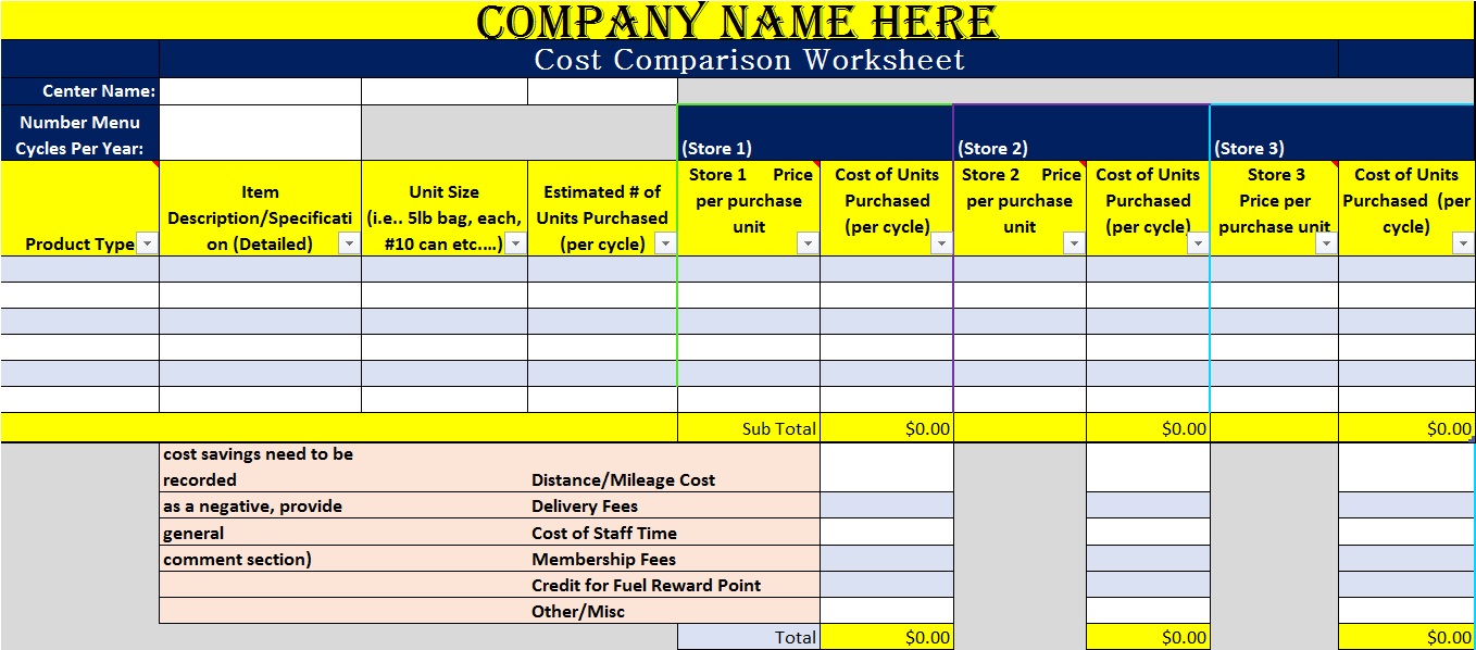 Price Comparison Sheet Templates Free Report Templates