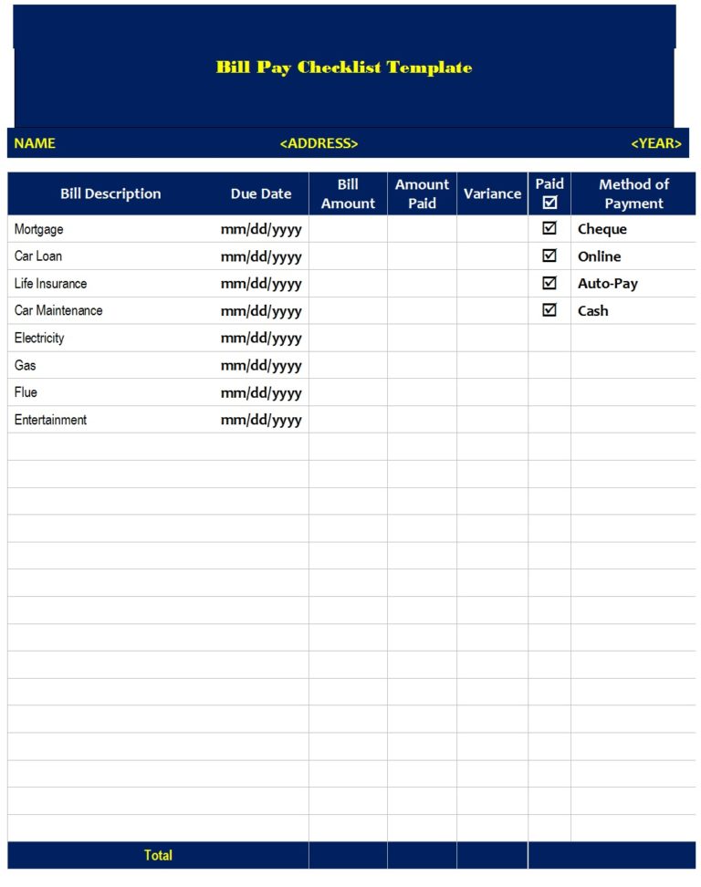 Best 5 Bill Pay Checklist Templates - Free Report Templates