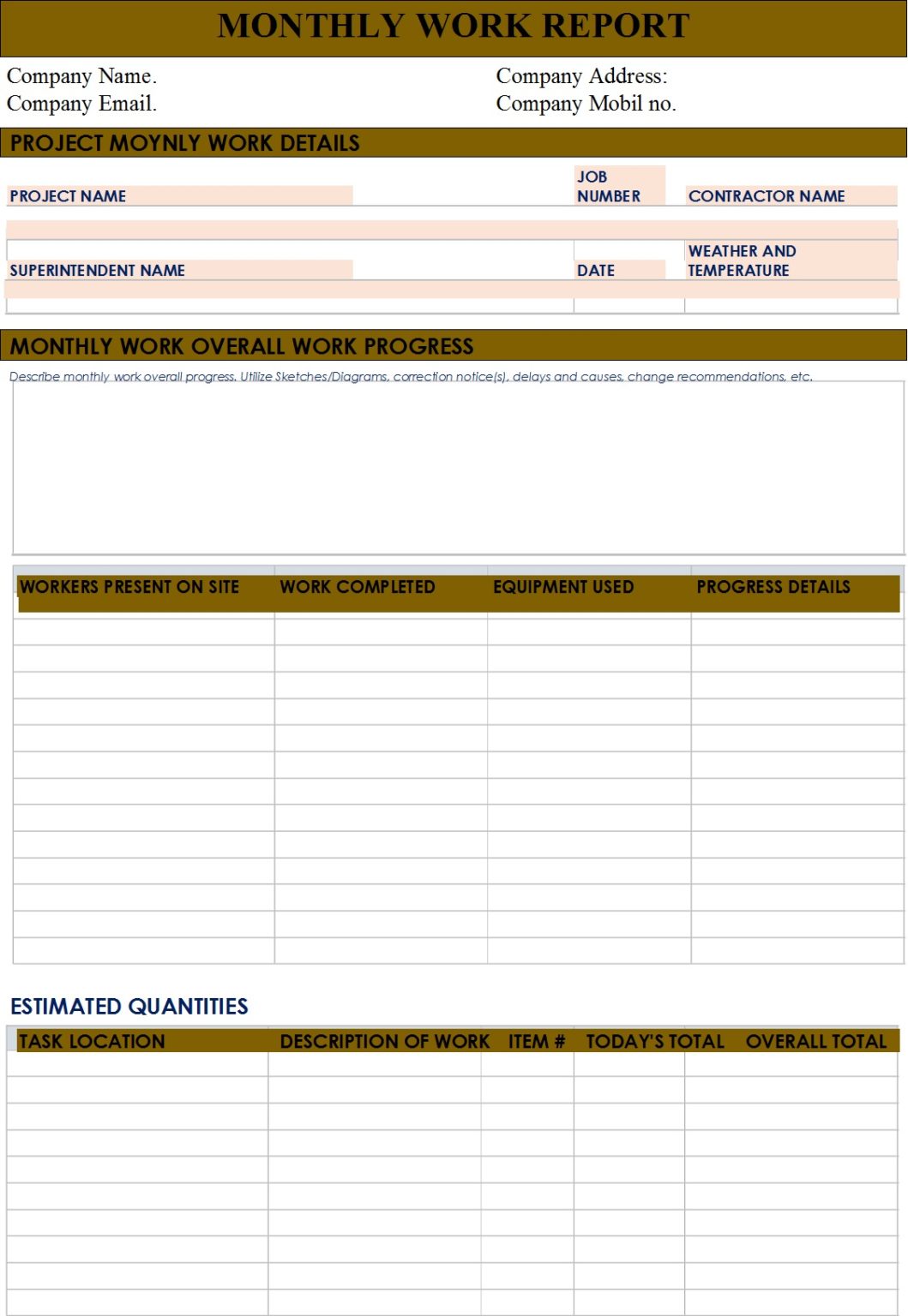 Monthly Work Report Templates - Free Report Templates