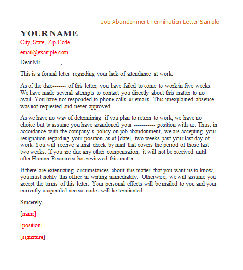 Job Abandonment Letter Templates Free Report Templates 7727